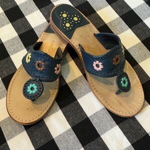Jack Rogers Navy Leather Sandals with Colorful Floral Details Size 8